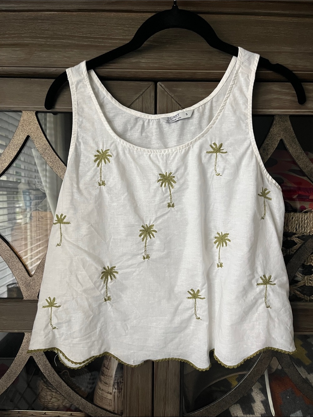 Esprit White Tank Top with Olive Palm Embroidery